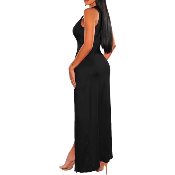 Women's Plus Size Sleeveless Deep V Neck Maxi Dress High Side Slit Summer - Picture 4 of 6